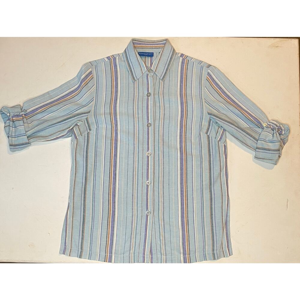 Karen Scott Sport Linen Cotton Button Up Blouse Sz S Striped Y2K resort coastal